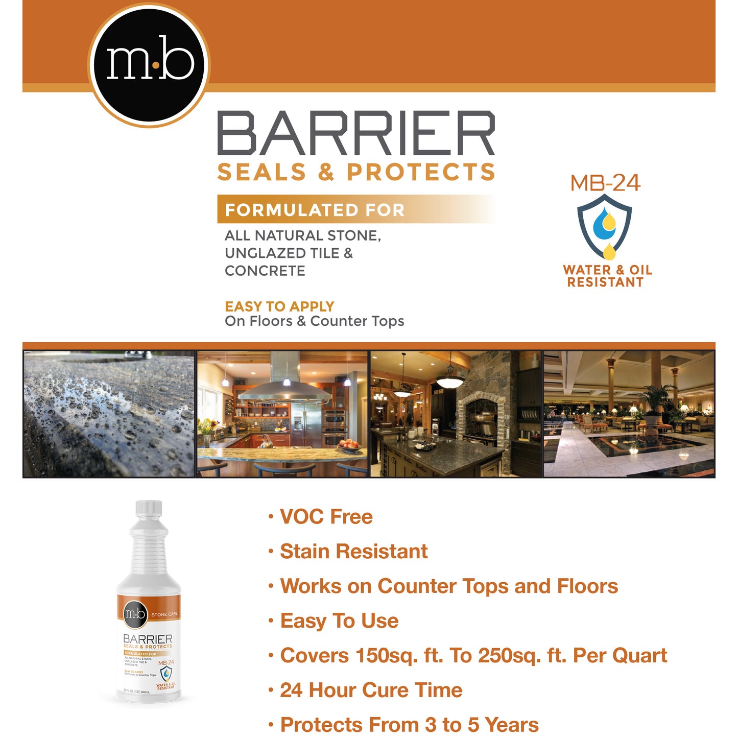 MB Stone Care Barrier Sealer Kit, 32 fl oz, Includes Applicator and Towels