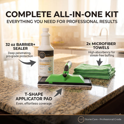 MB Stone Care MB-24 Barrier Sealer Kit (32 fl oz) – Water-Based Penetrating Stone, Concrete & Grout Sealer with Applicator Pad and 2 Microfiber Towels
