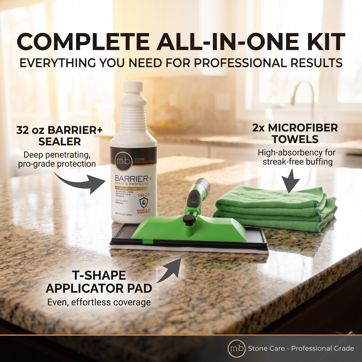 MB Stone Care MB-24 Barrier Sealer Kit (32 fl oz) – Water-Based Penetrating Stone, Concrete & Grout Sealer with Applicator Pad and 2 Microfiber Towels