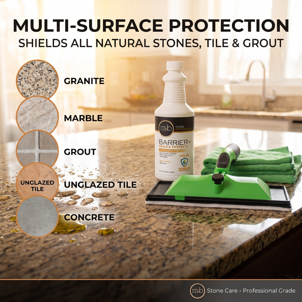 MB Stone Care MB-24 Barrier Sealer Kit (32 fl oz) – Water-Based Penetrating Stone, Concrete & Grout Sealer with Applicator Pad and 2 Microfiber Towels