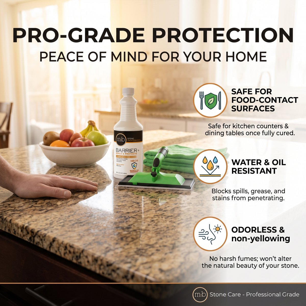 MB Stone Care MB-24 Barrier Sealer Kit (32 fl oz) – Water-Based Penetrating Stone, Concrete & Grout Sealer with Applicator Pad and 2 Microfiber Towels