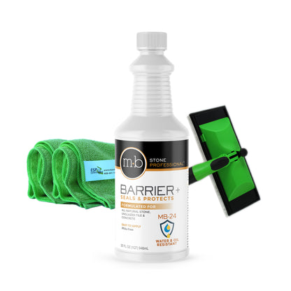 MB Stone Care MB-24 Barrier Sealer Kit (32 fl oz) – Water-Based Penetrating Stone, Concrete & Grout Sealer with Applicator Pad and 2 Microfiber Towels