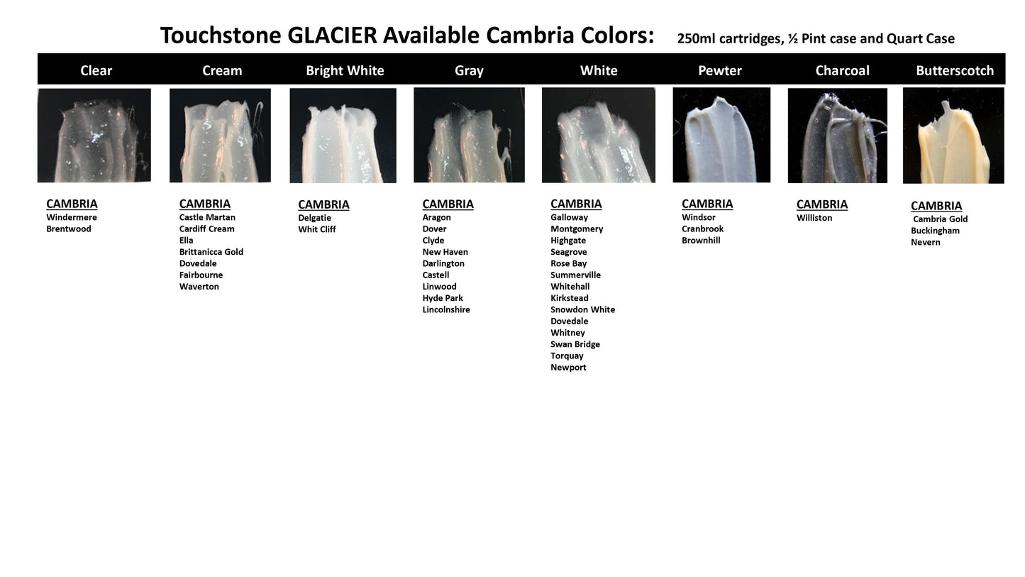 Touchstone Glacier - Pegamento de mármol, granito y cuarzo, (uso profesional) Adhesivo de uretano resistente a los rayos UV para laminar, unir e ingletes (10 oz.)